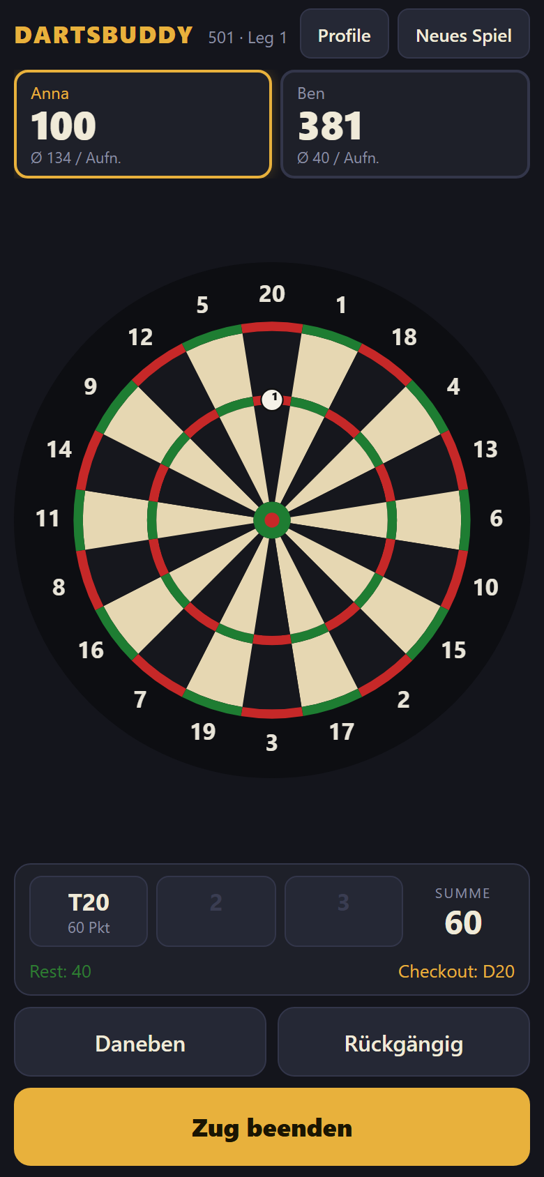DartsBuddy während einer Aufnahme: Scoreboard, Dartscheibe mit Markern und Checkout-Vorschlag