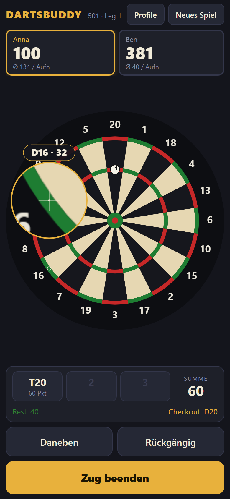 Die Lupe in DartsBuddy vergrößert den Double-Ring und zeigt den Treffer live an
