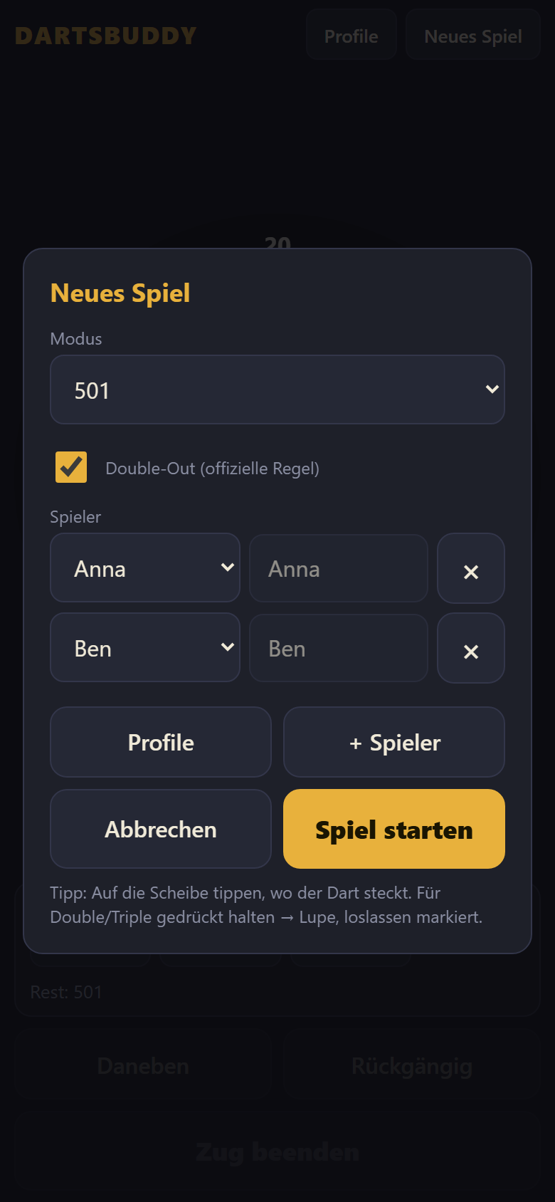 Spiel-Setup in DartsBuddy: Modus, Double-Out und Spieler mit Profilen