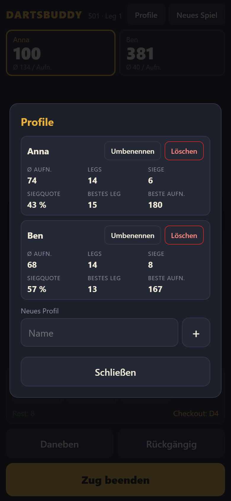 Profil-Statistiken in DartsBuddy mit Schnitt, Siegquote und bestem Leg